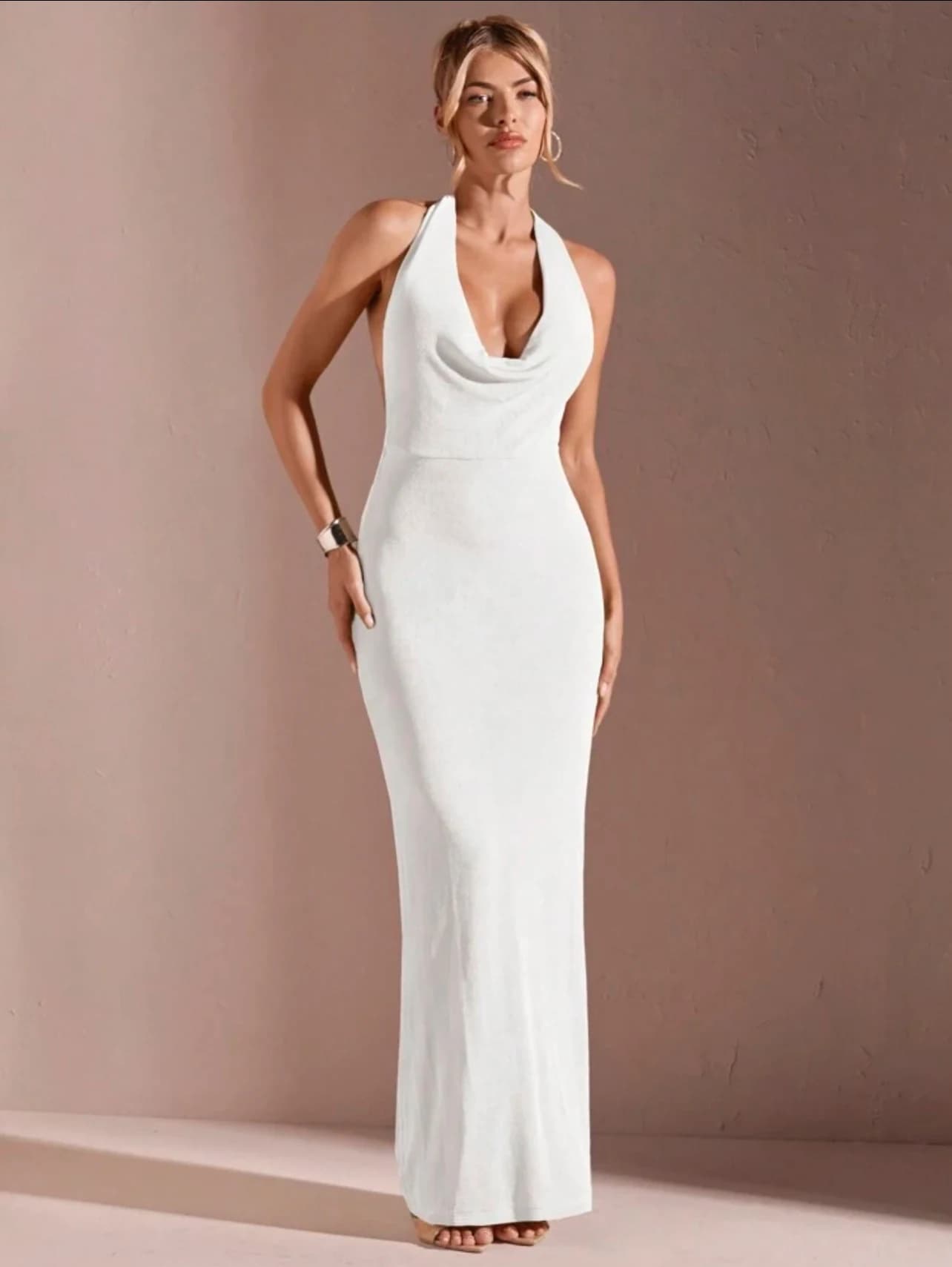 White Halter Maxi Dress — front view
