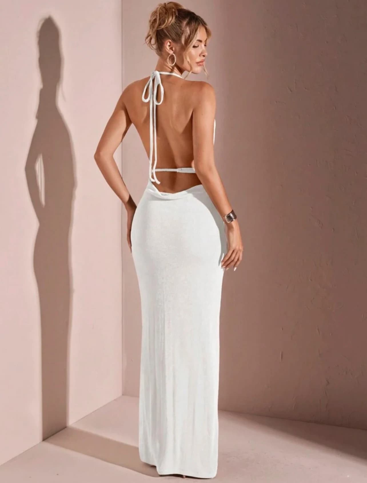 White Halter Maxi Dress — back view