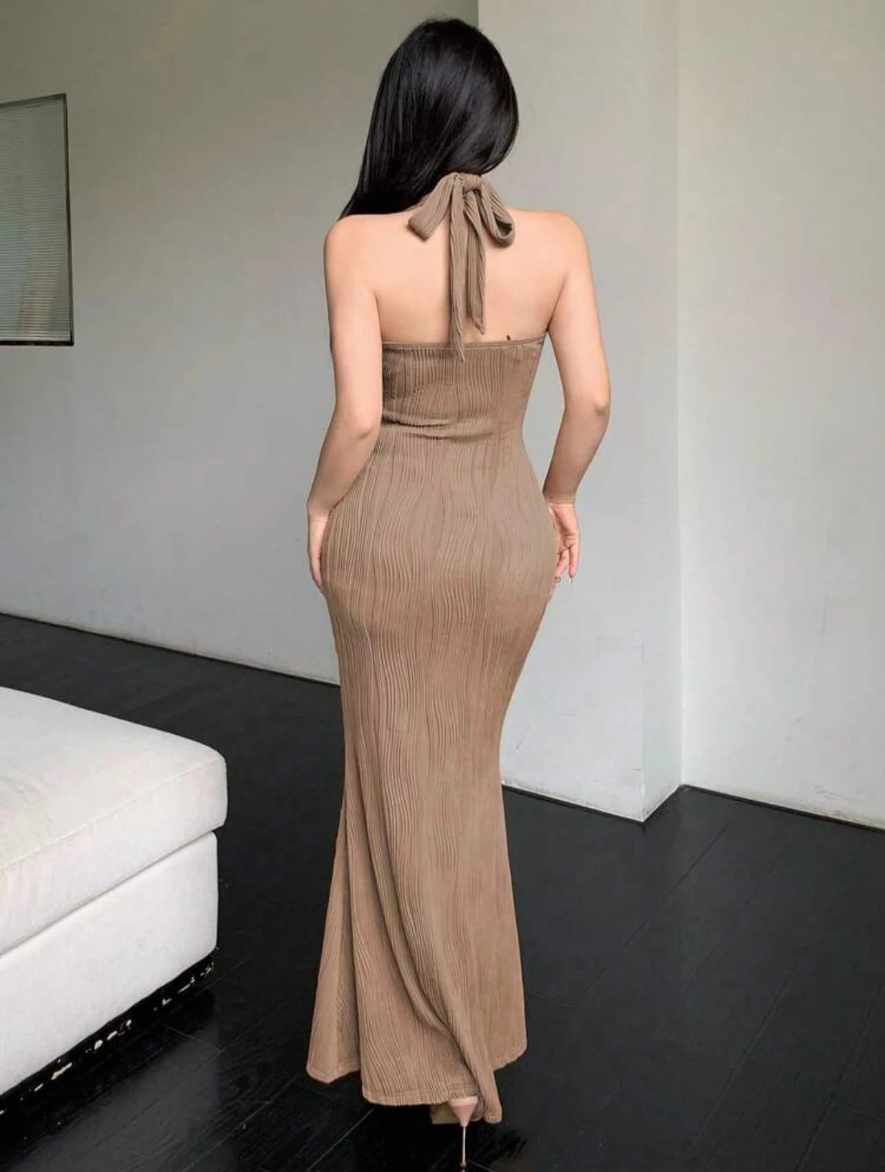 Mocha Halter Fishtail Dress — front view