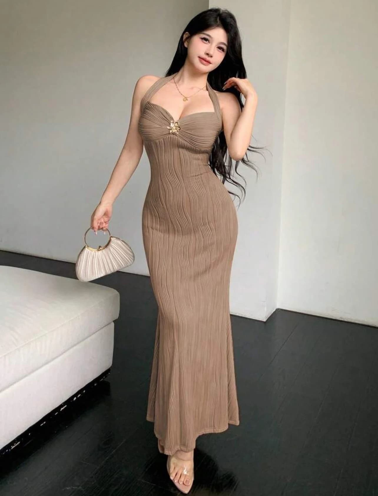 Mocha Halter Fishtail Dress — back view