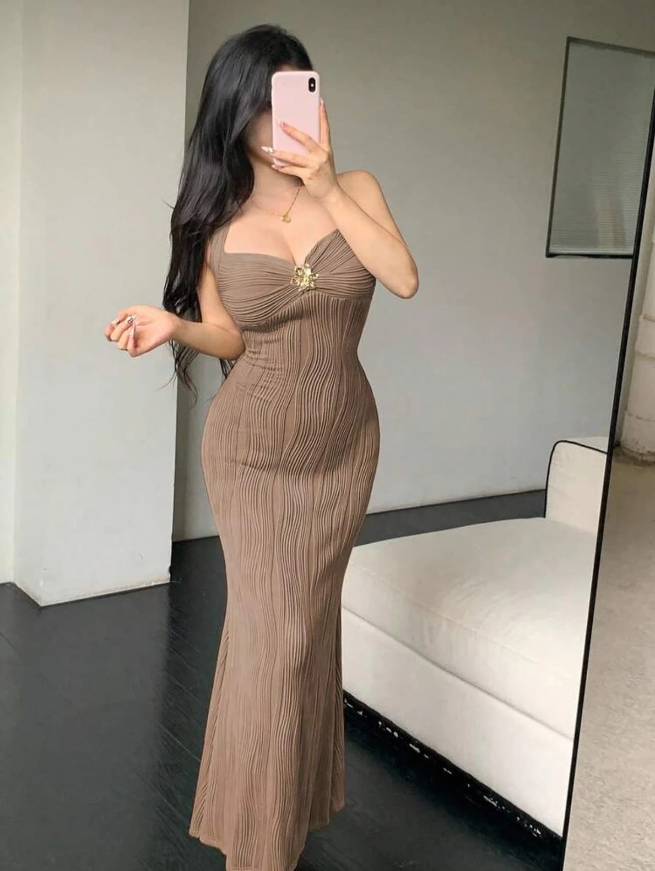 Mocha Halter Fishtail Dress — detail view