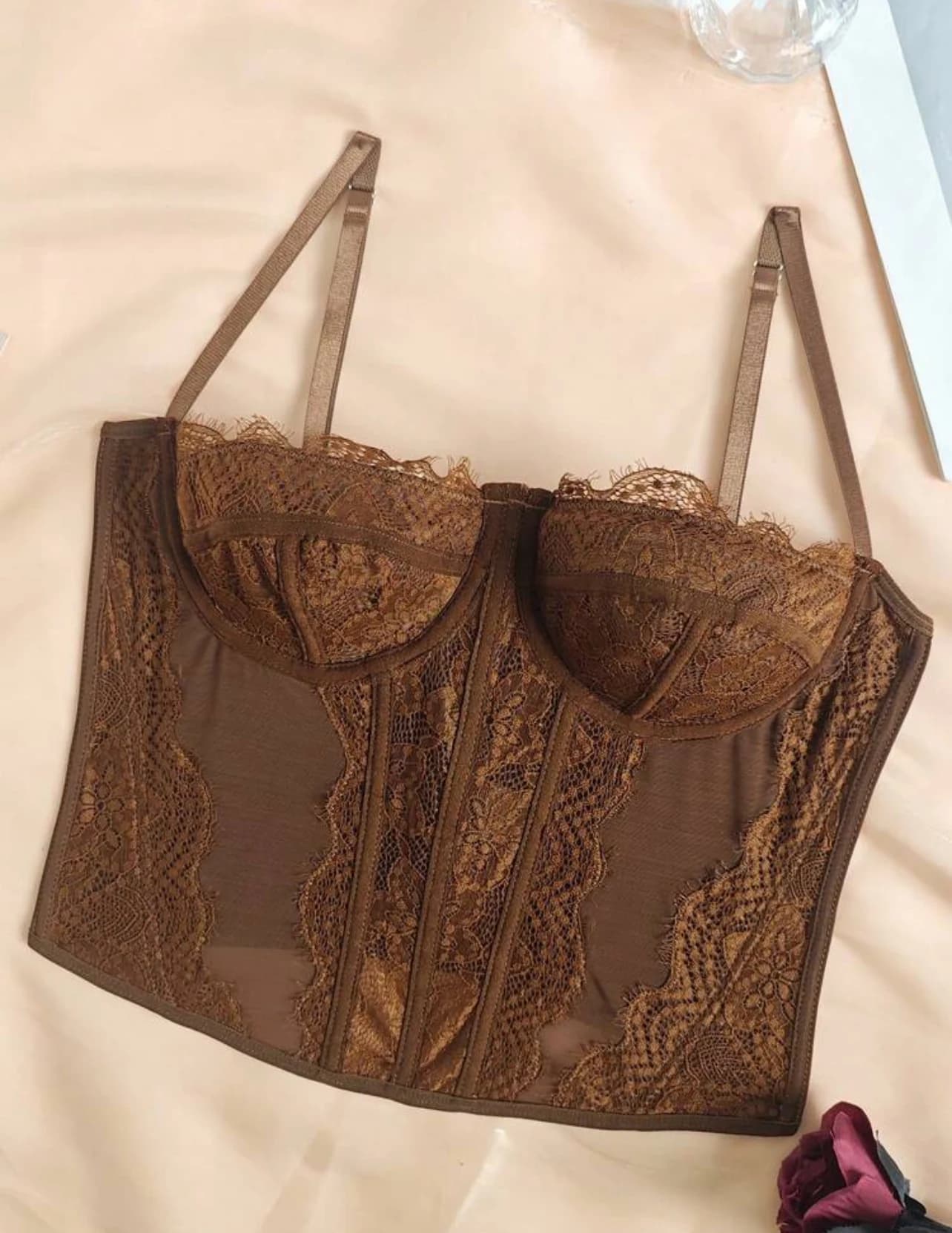 Brown Lace-Trim Bustier Crop Top — detail view