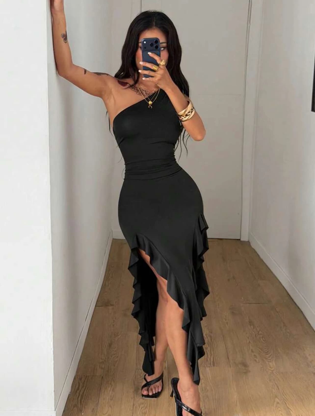 Black Asymmetric Party Dress — front view