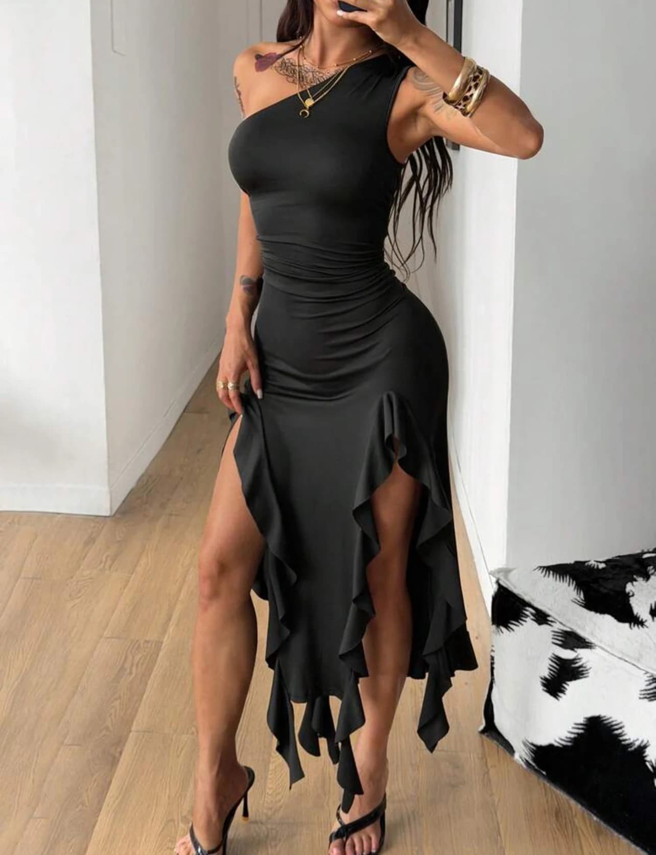 Black Asymmetric Party Dress — back view