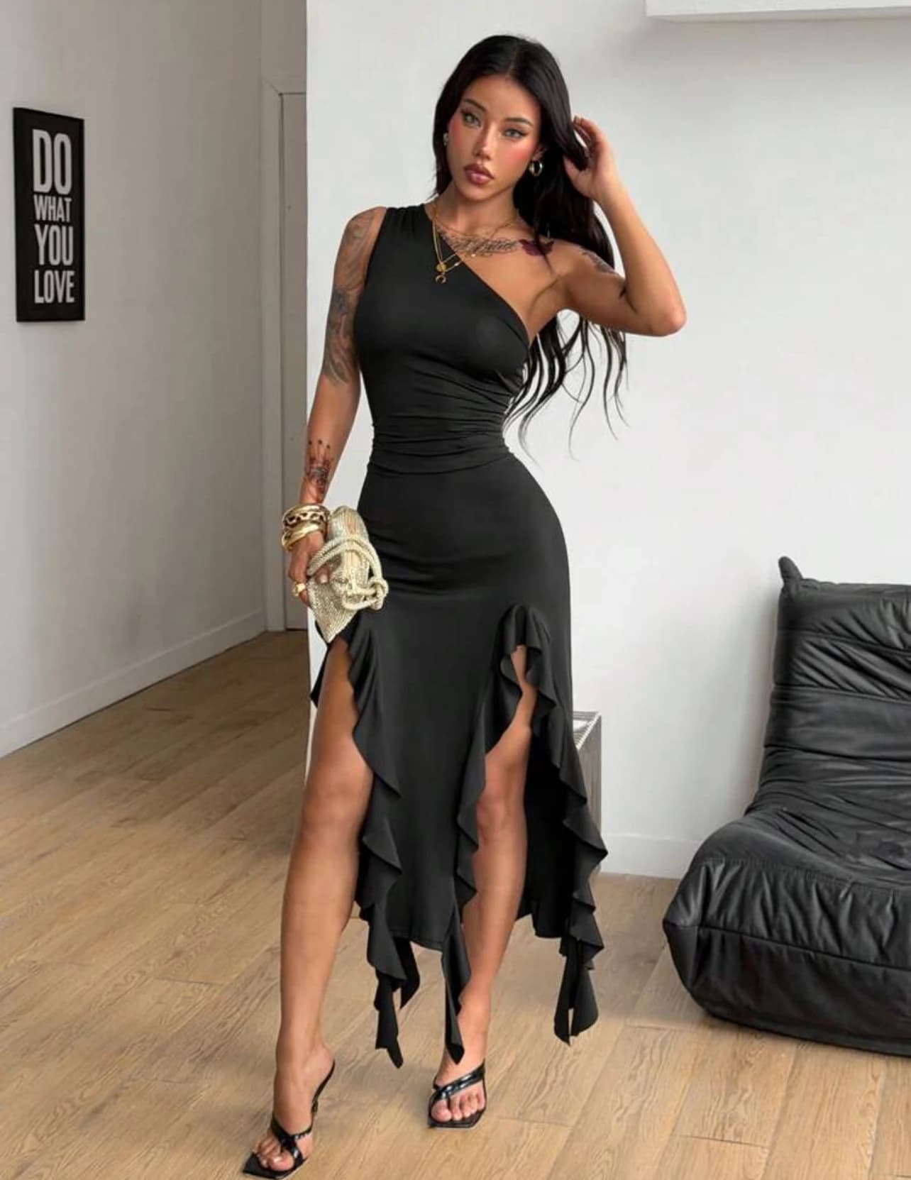 Black Asymmetric Party Dress — side view