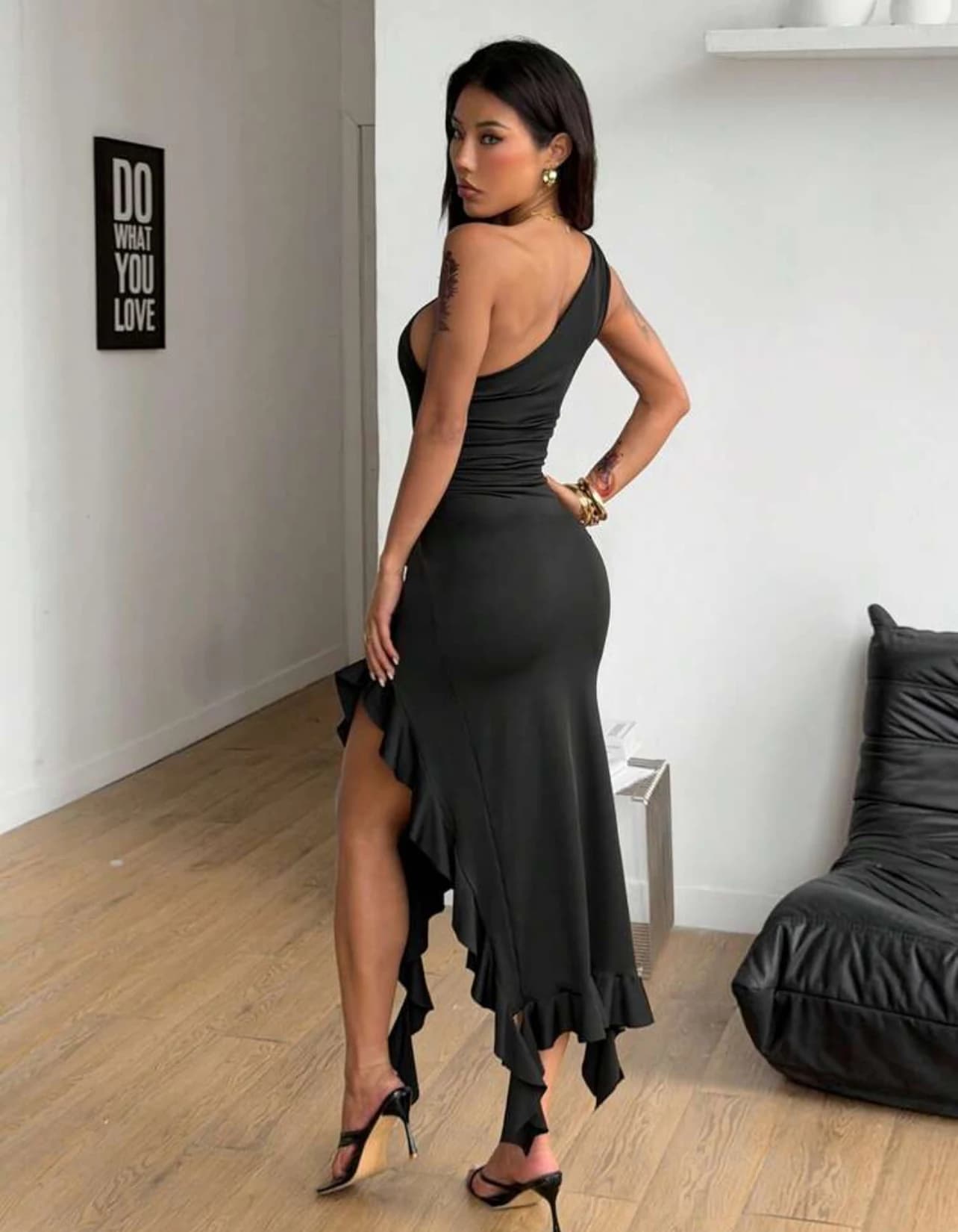 Black Asymmetric Party Dress — detail view