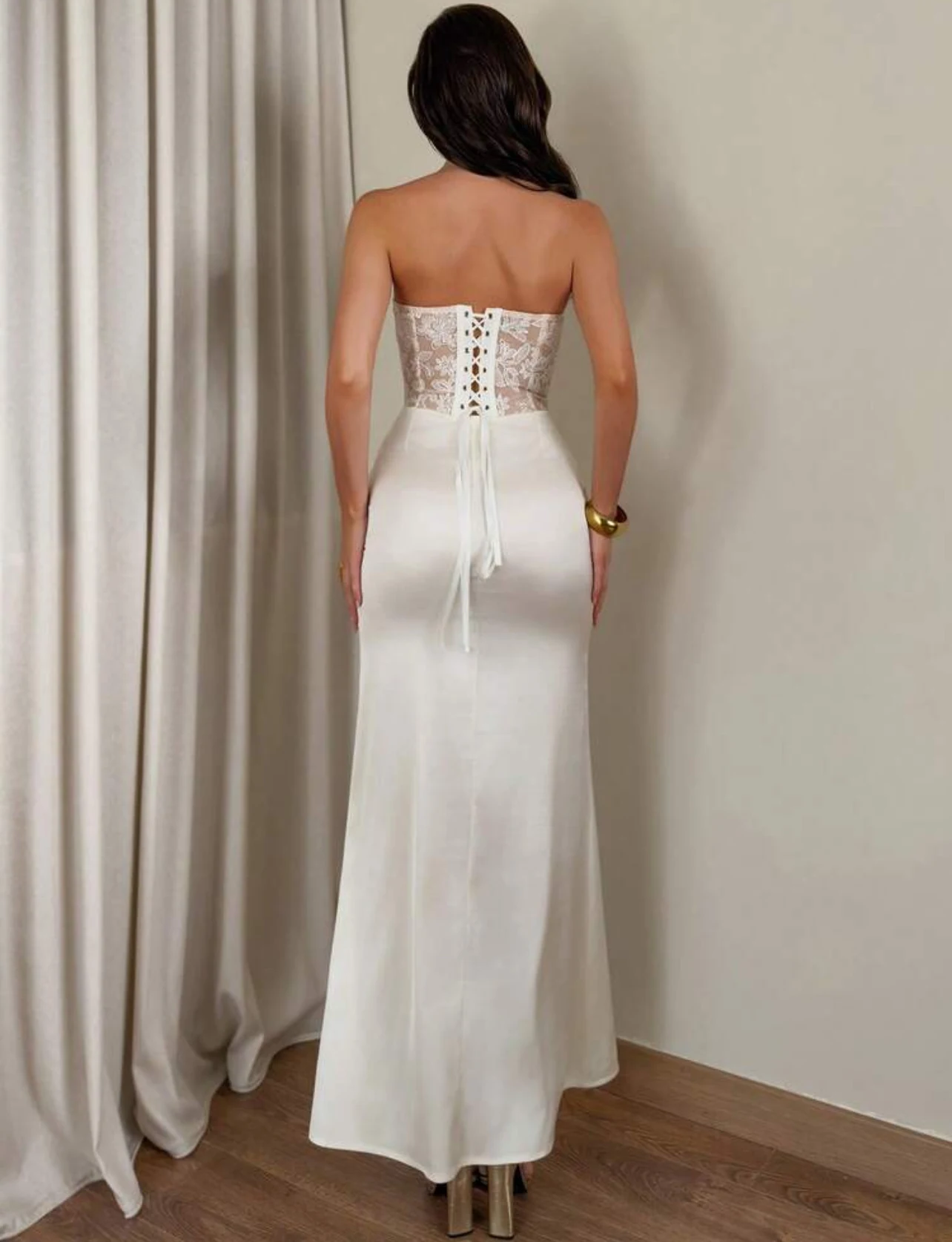 Champagne Lace Formal Dress — front view