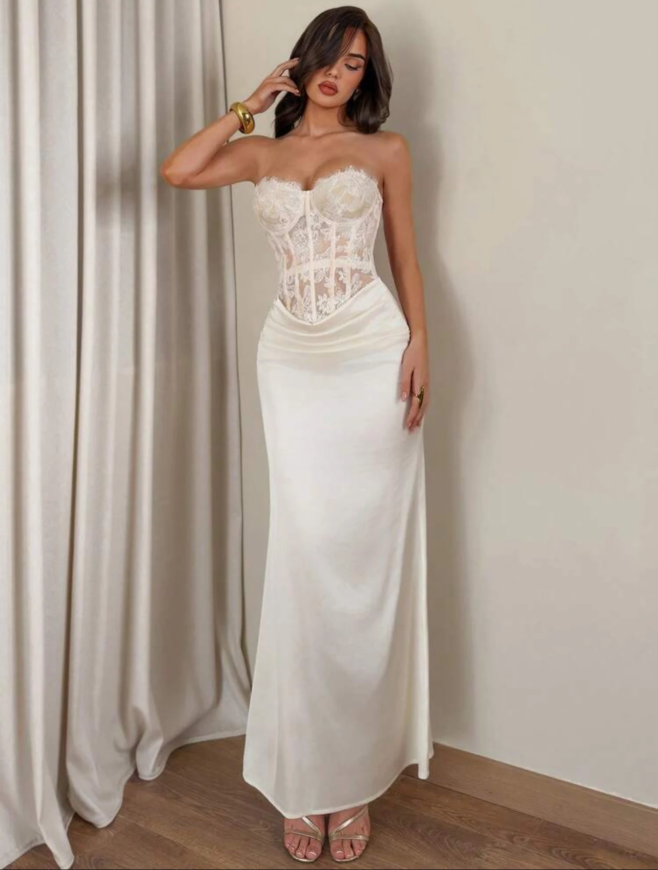 Champagne Lace Formal Dress — back view