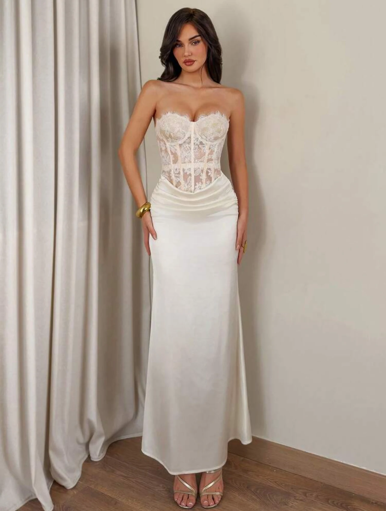Champagne Lace Formal Dress — side view