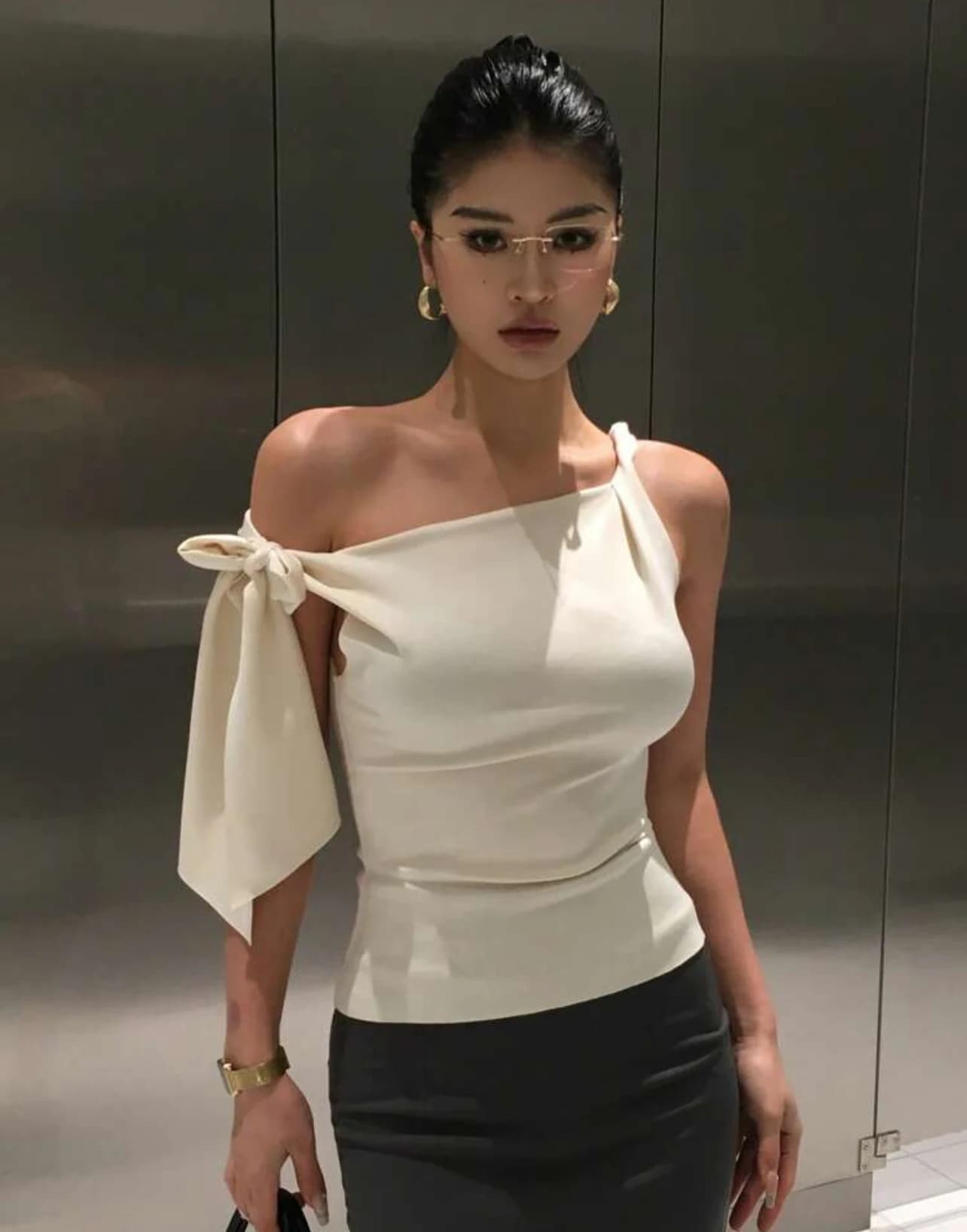Apricot Asymmetric Fitted Top — detail view