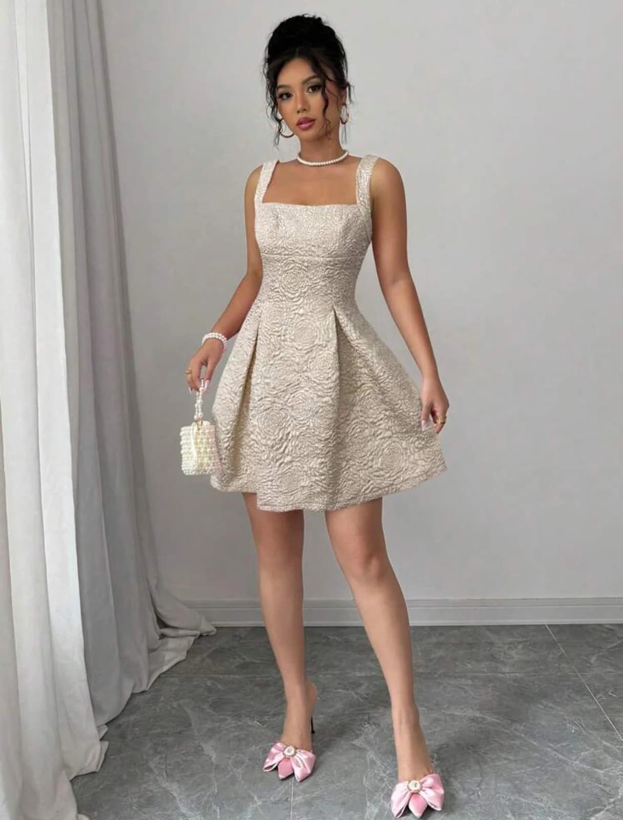 Beige Square Neck Mini Dress