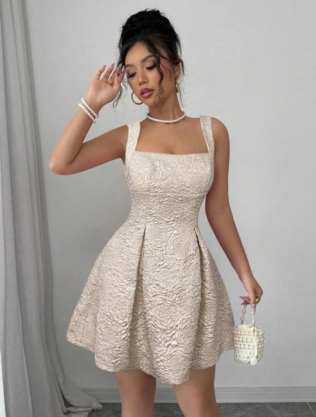 Beige Square Neck Mini Dress — front view