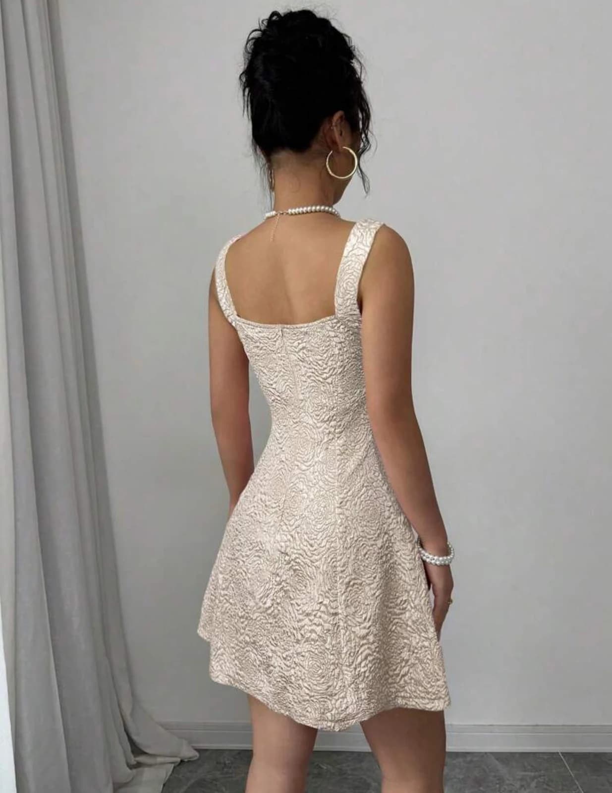 Beige Square Neck Mini Dress — back view