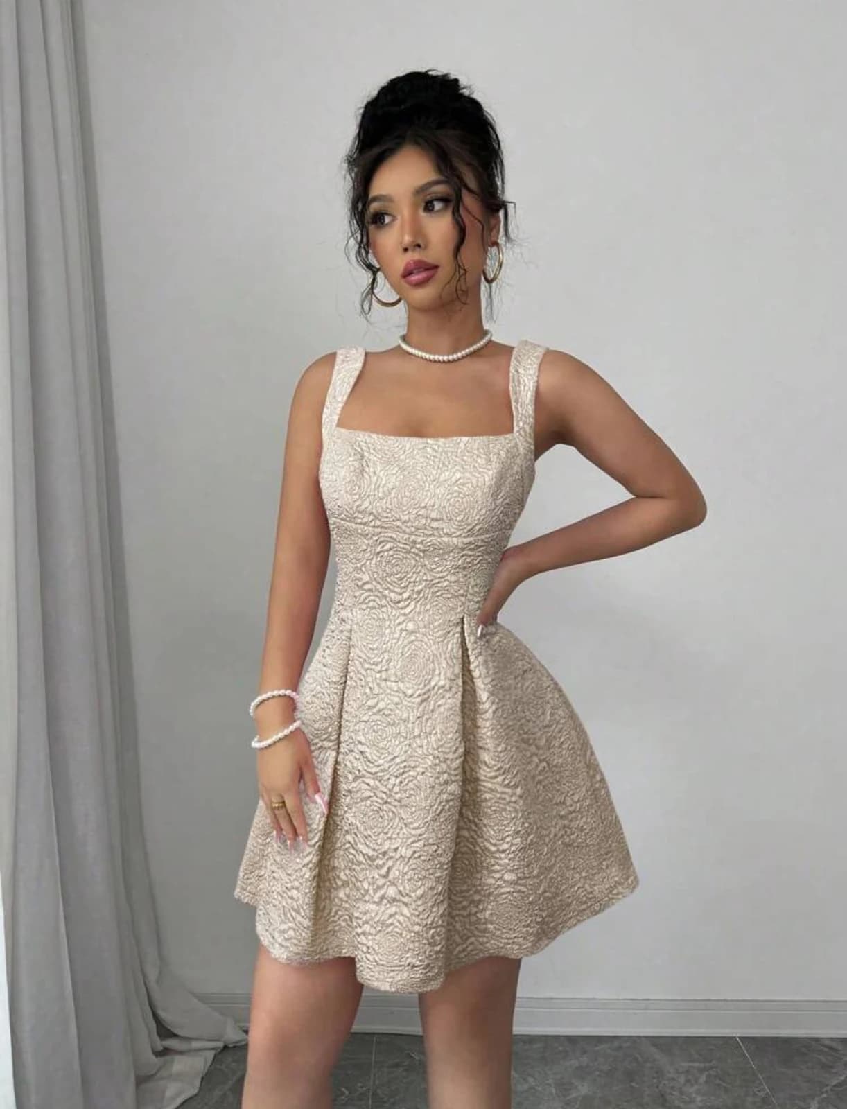Beige Square Neck Mini Dress — side view