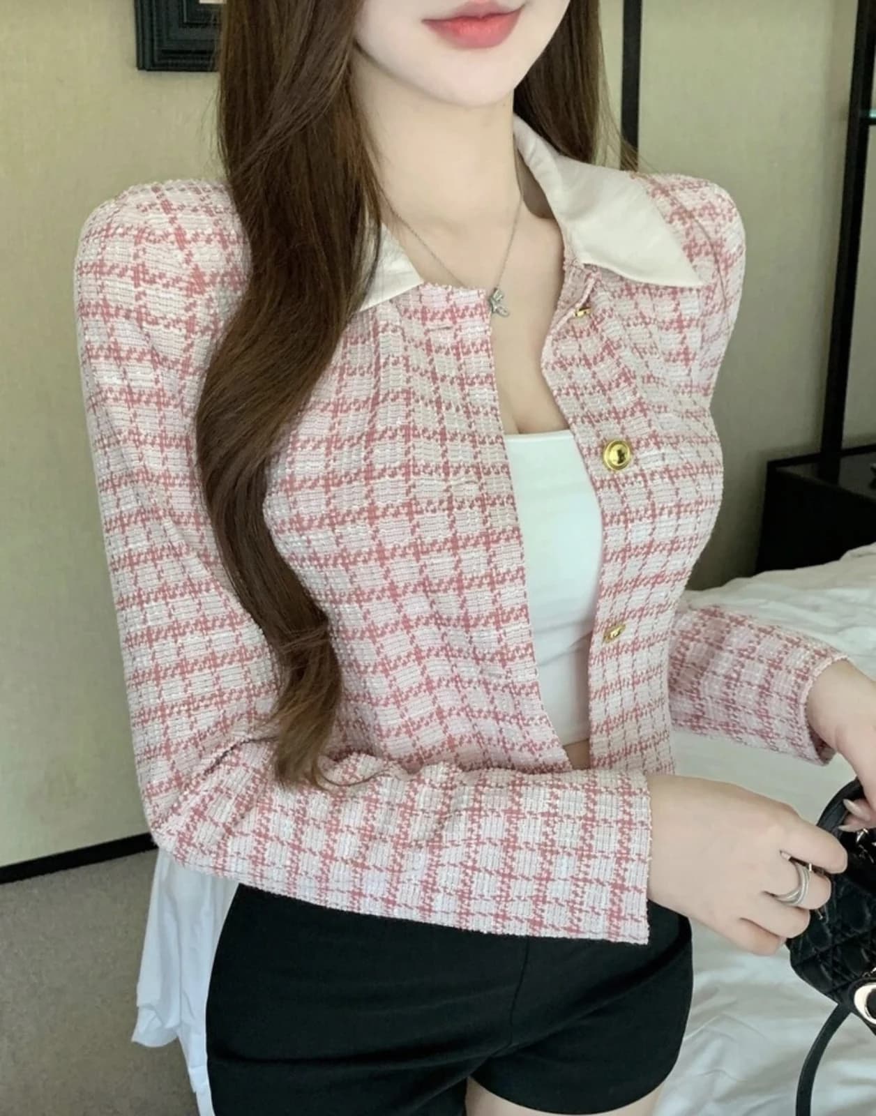 Pink Plaid Thin Jacket — front view