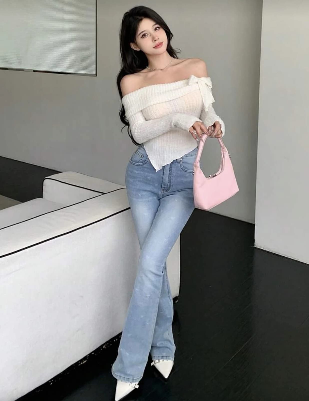 White Off-Shoulder Fuzzy Top — lifestyle view