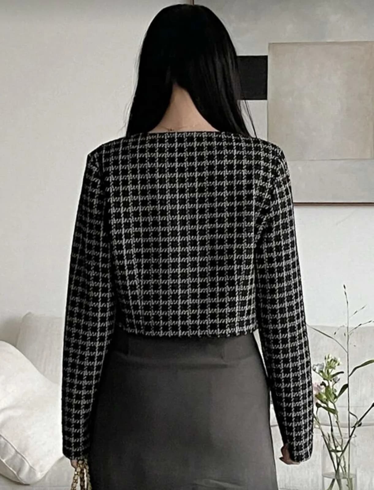 Plaid Short Cardigan — back view