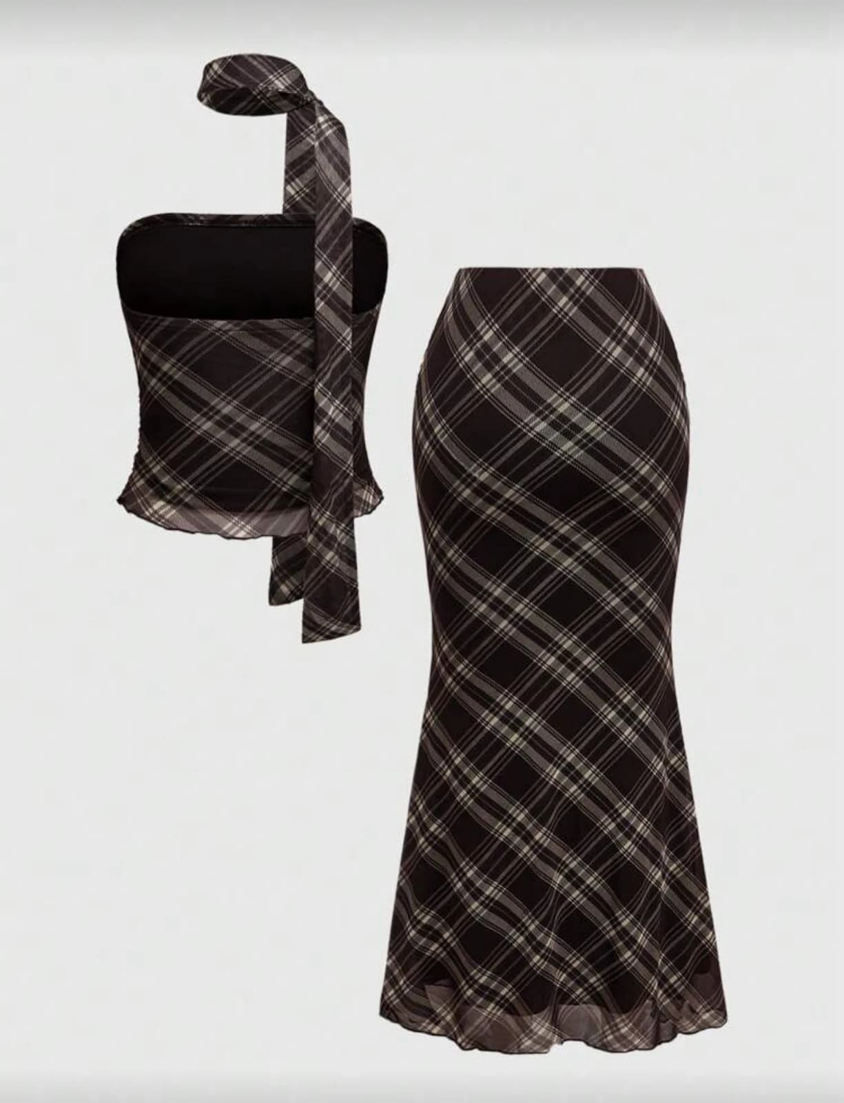 ROMWE Plaid Bustier + Fishtail Skirt 2-Pc Set — reference view