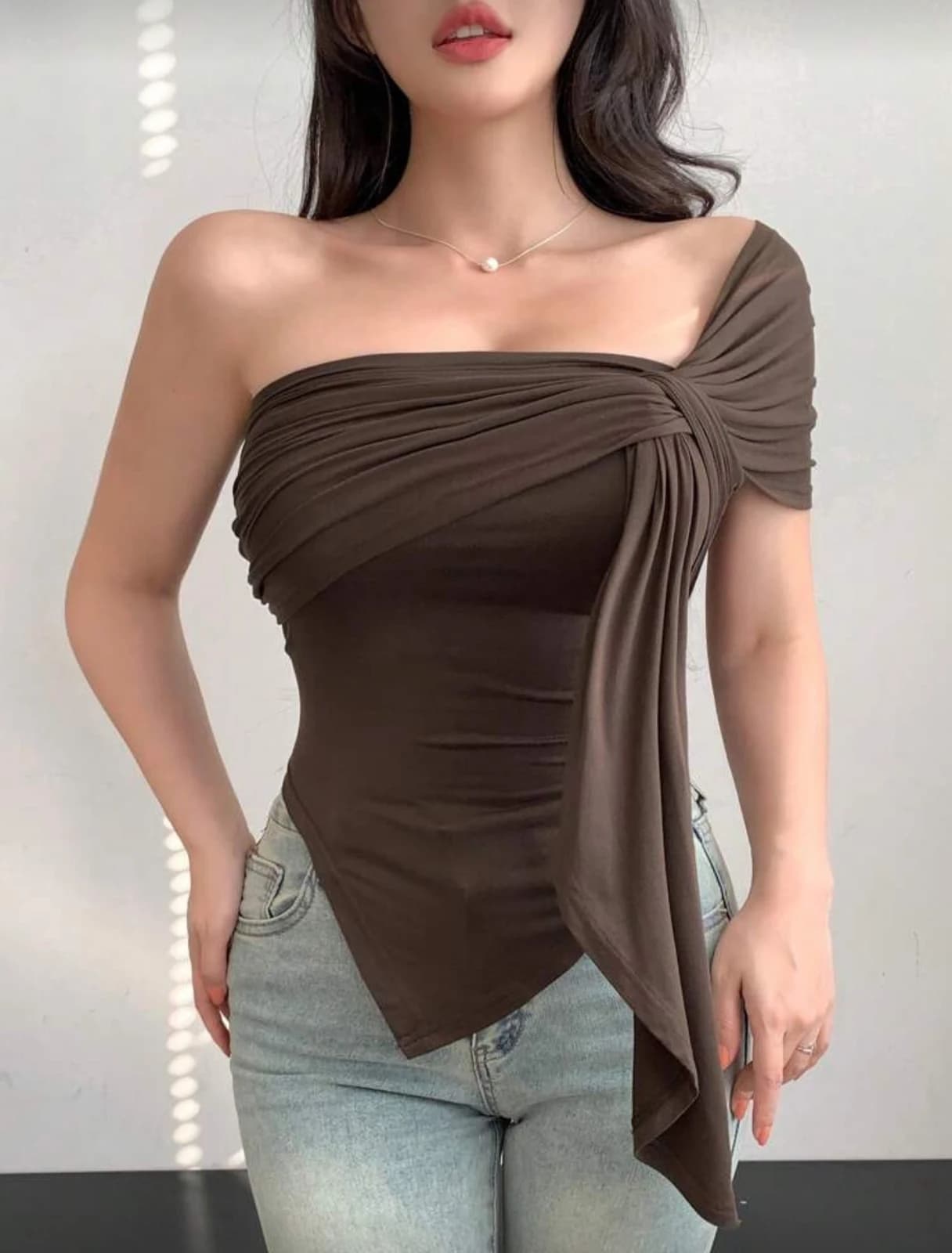 Brown Twist Detail Asymmetric Bodycon Top — front view