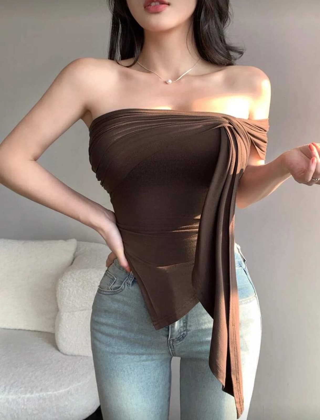 Brown Twist Detail Asymmetric Bodycon Top — side view
