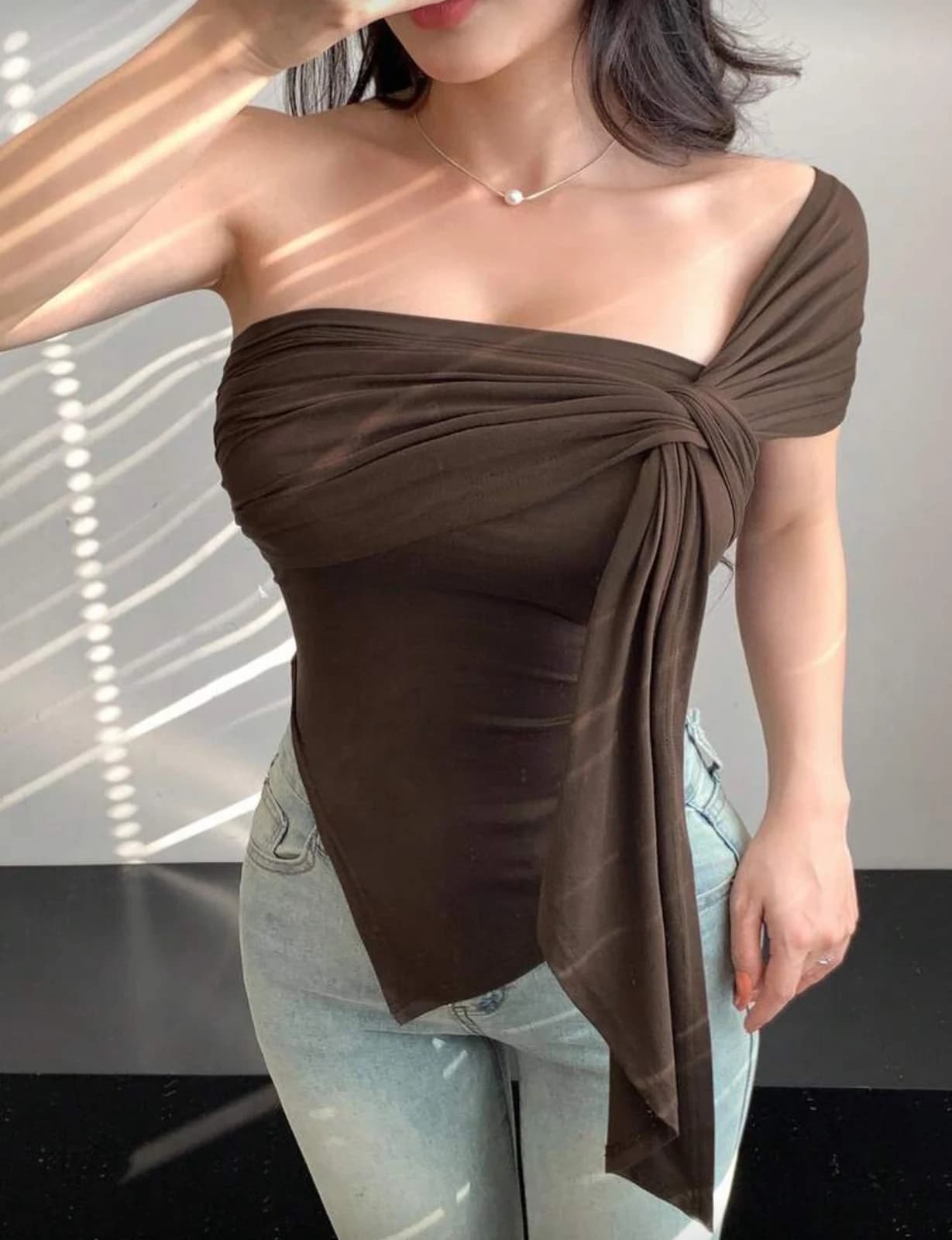Brown Twist Detail Asymmetric Bodycon Top — detail view