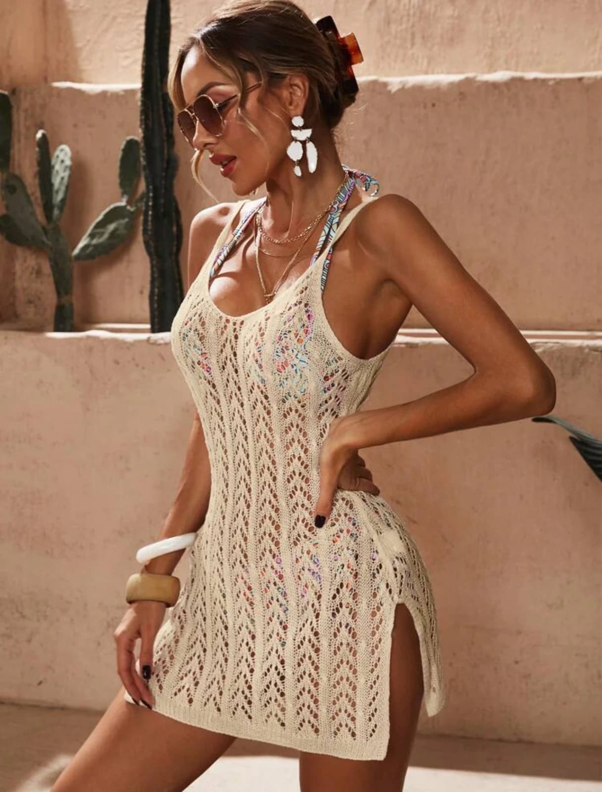 Beige Hollow-Out Beach Cover-Up