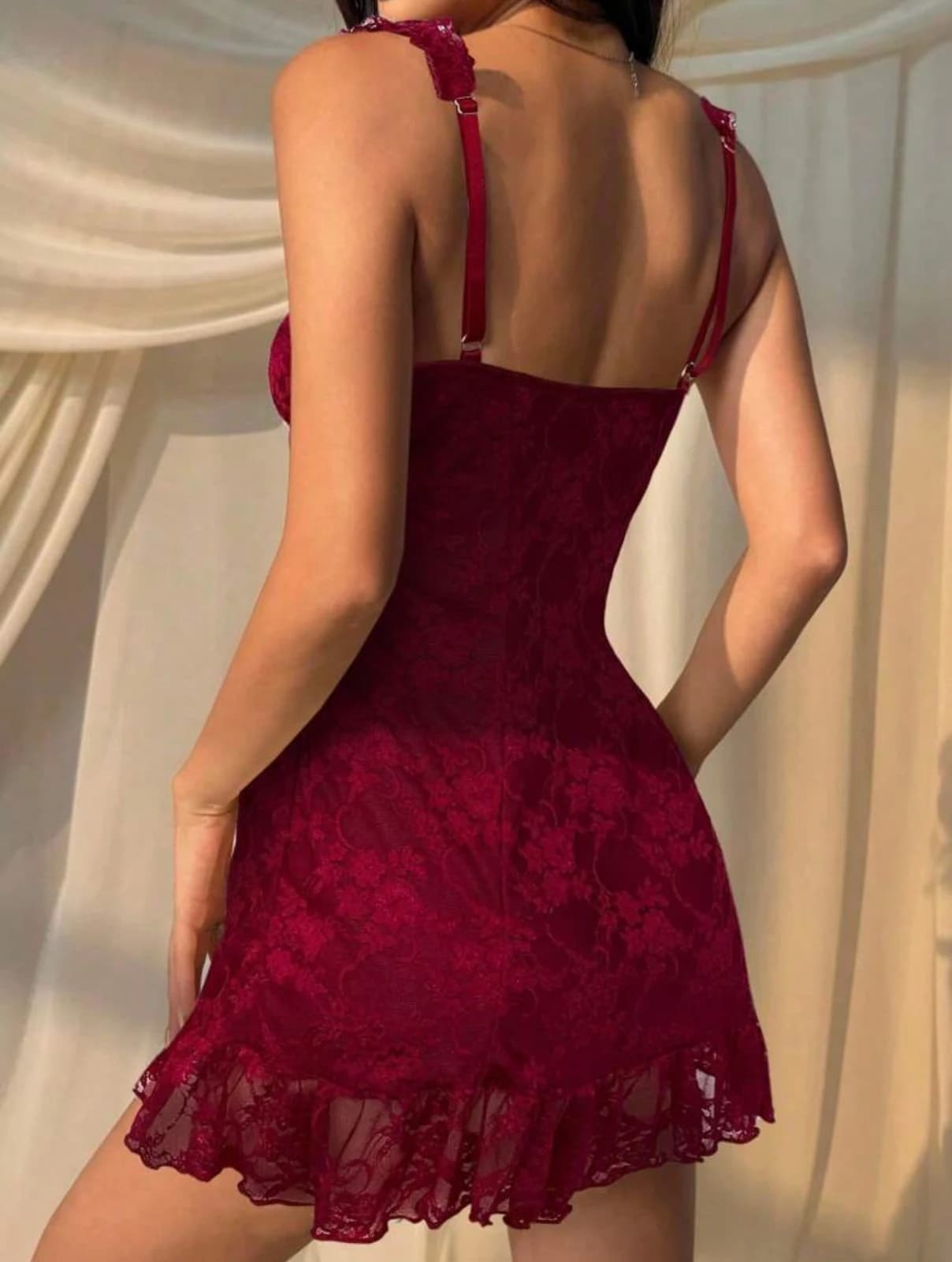Burgundy Lace Bow Mini Dress — front view
