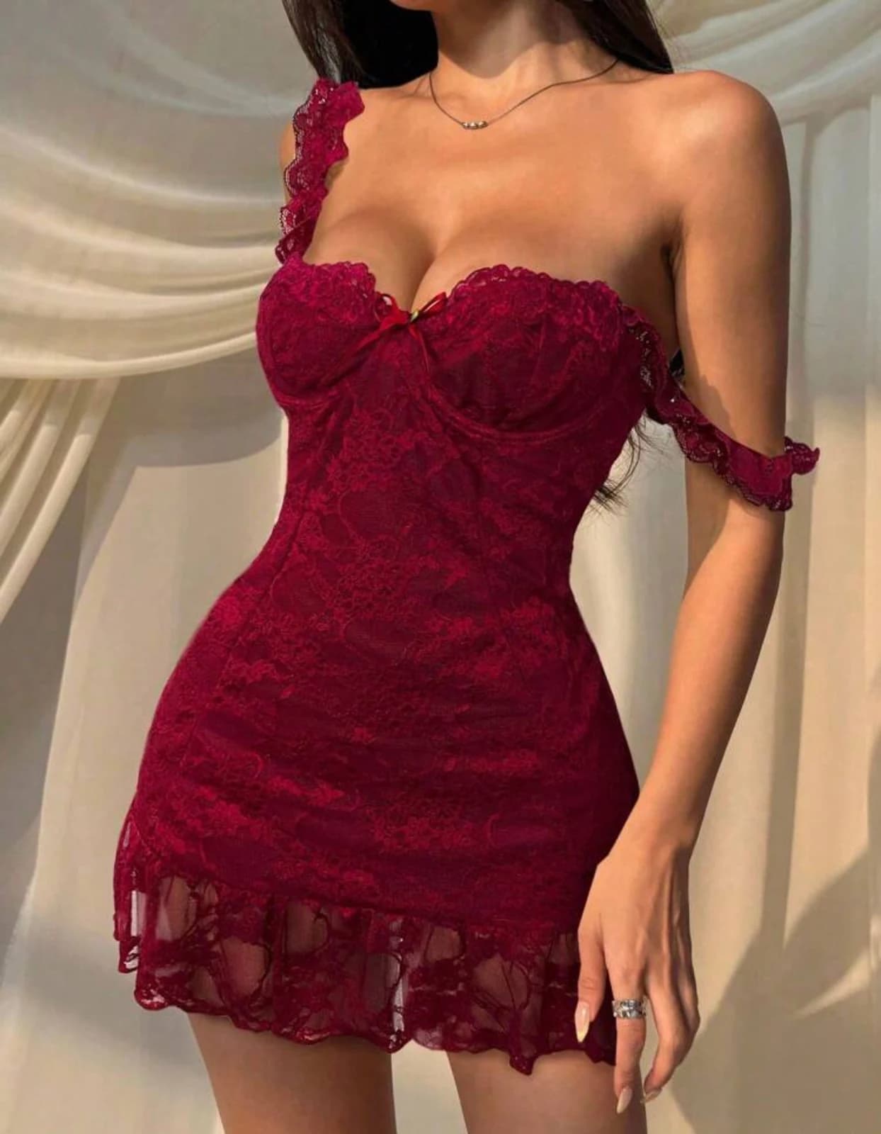 Burgundy Lace Bow Mini Dress — side view