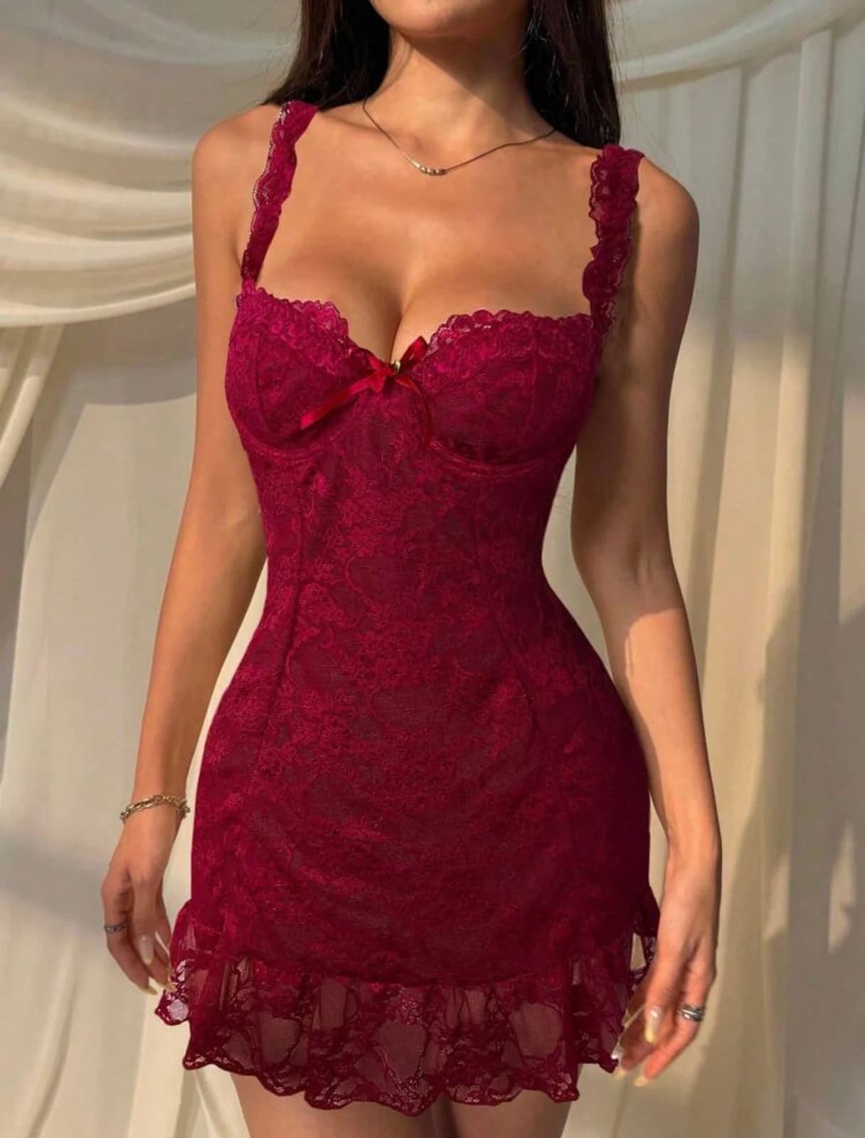 Burgundy Lace Bow Mini Dress — detail view