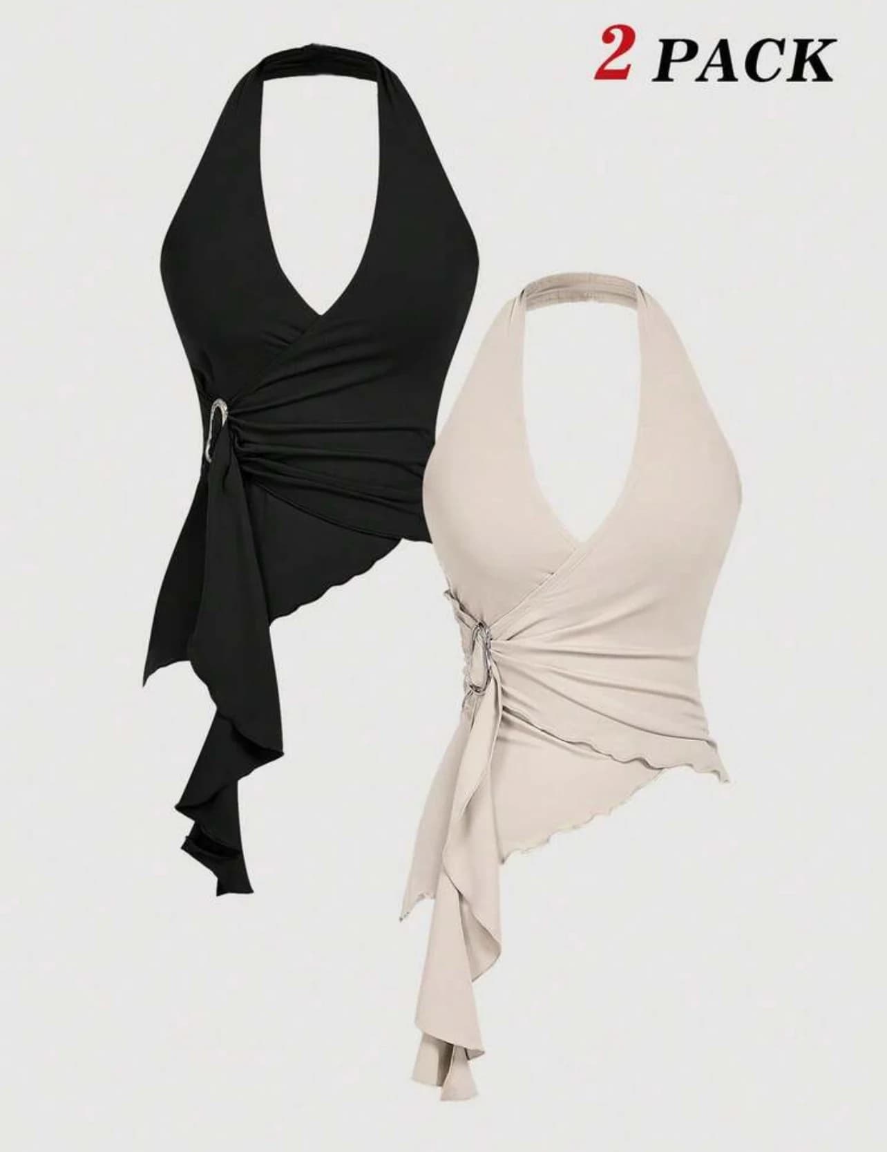 Black Asymmetric Halter Buckle Top — supplier reference view