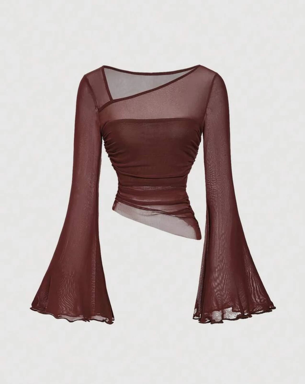 Brown Mesh Flare Sleeve Top