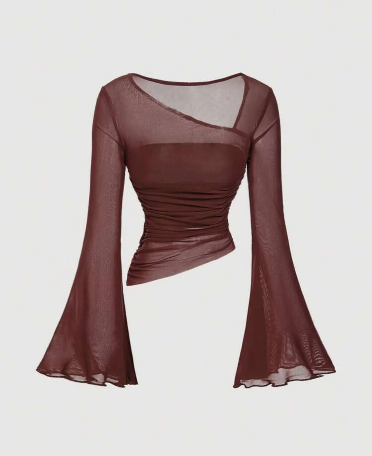 Brown Mesh Flare Sleeve Top — front view