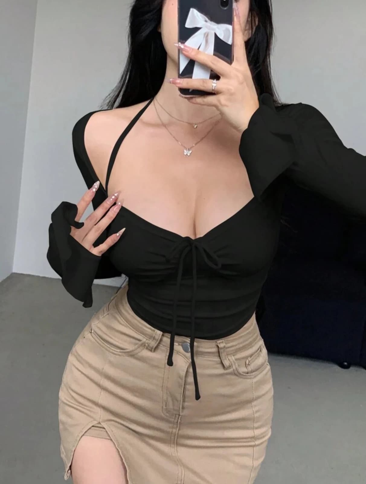 Black Long Sleeve Crop Top — front view