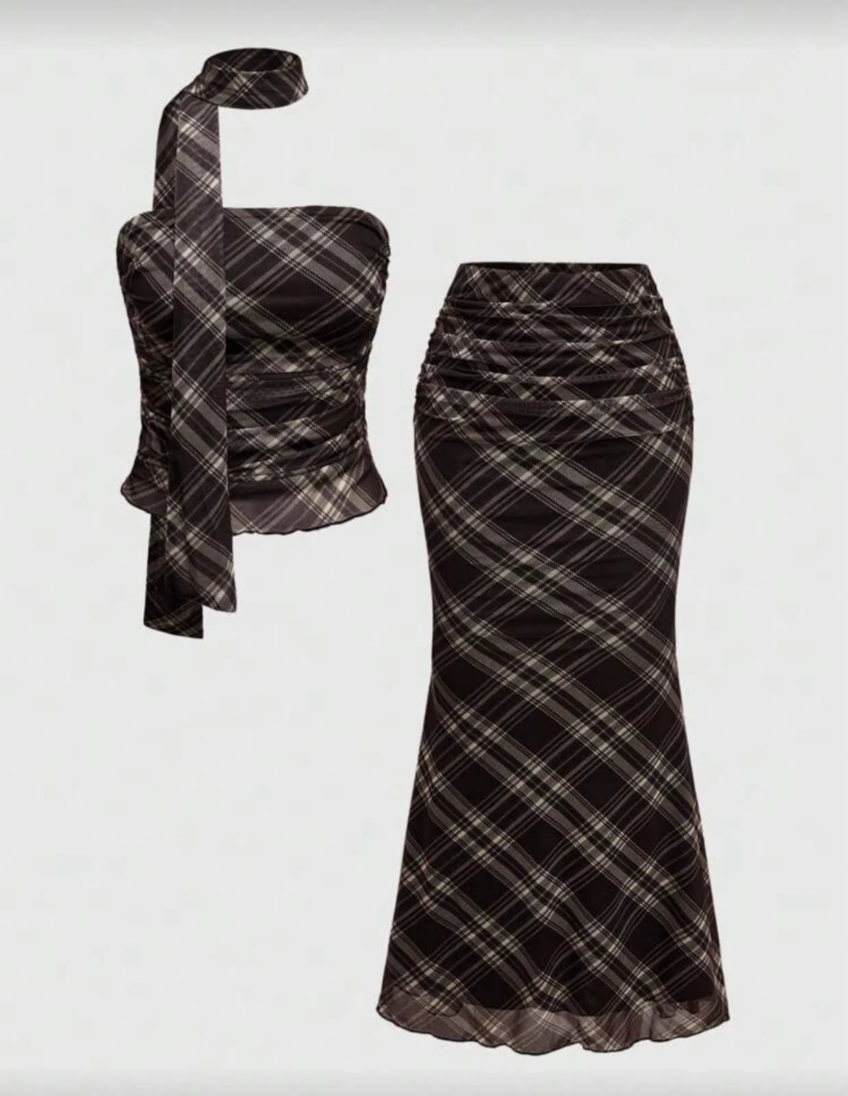 ROMWE Plaid Bustier + Fishtail Skirt 2-Pc Set