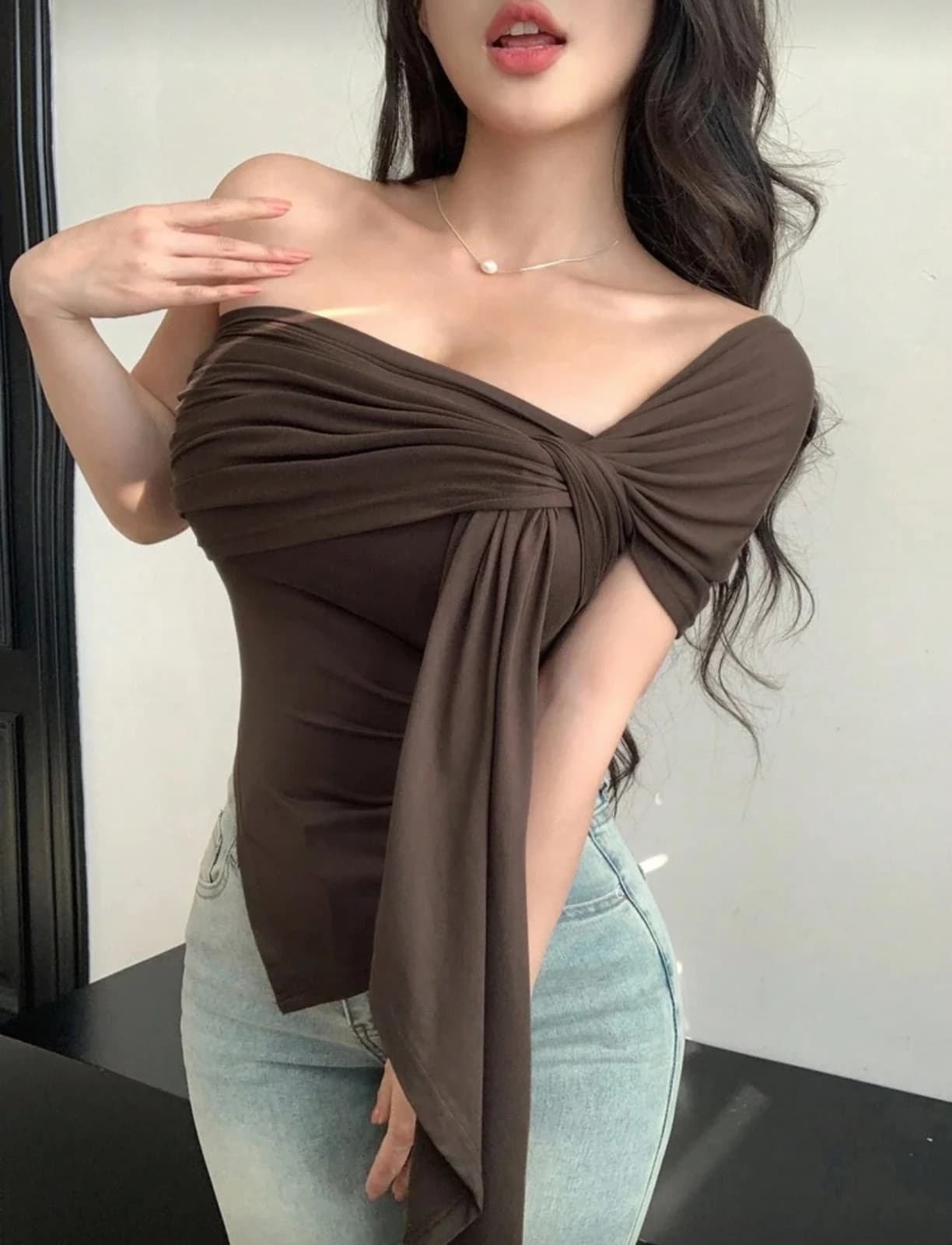 Brown Twist Detail Asymmetric Bodycon Top